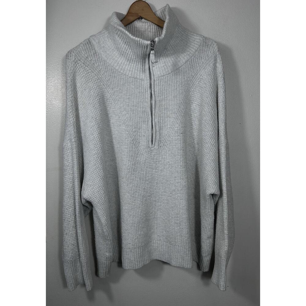 Aerie Women's Sweater Size XL Cozy Waffle Knit Quarter Zip Heather Grey